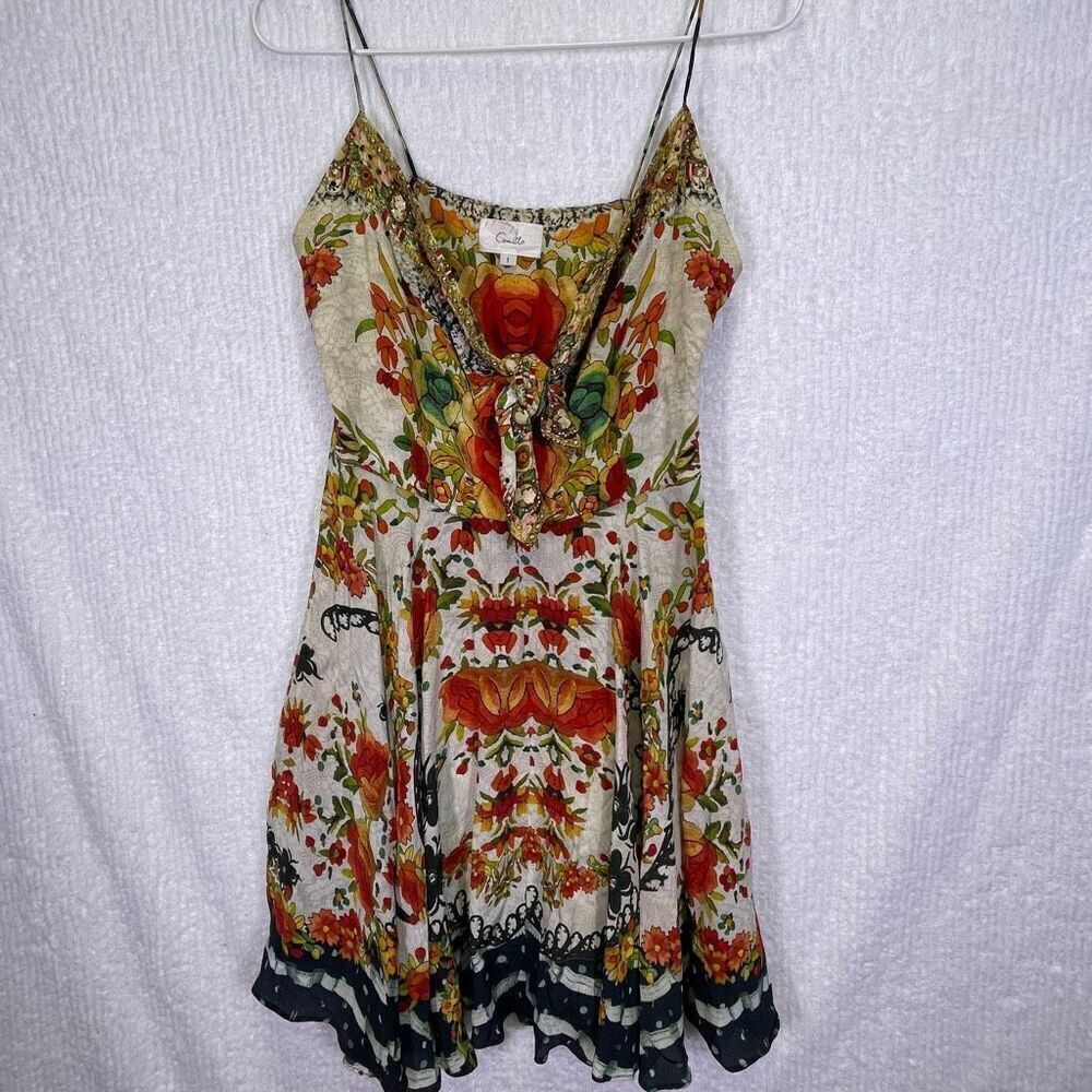 Camilla Multicolor Floral Silk Rhinestone Tie Front Sleeveless Mini Dress Size 1